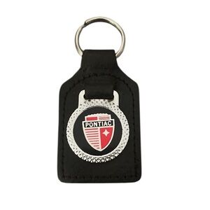 Vintage Pontiac Black Leather Silver Tone Metal Collectible Keychain Logo Crest